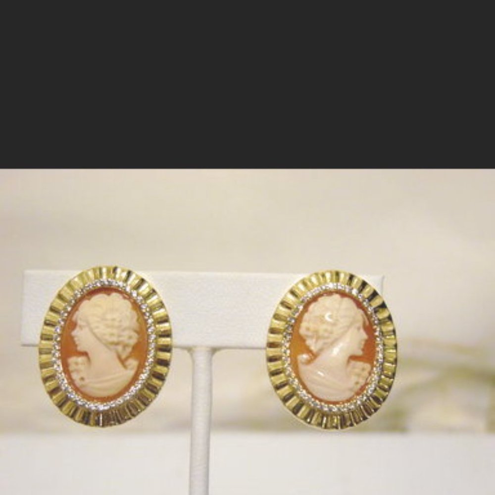 AMEDEO NYC "Tassello" Cameo CZ Framed Goldtone Clip-On Earrings